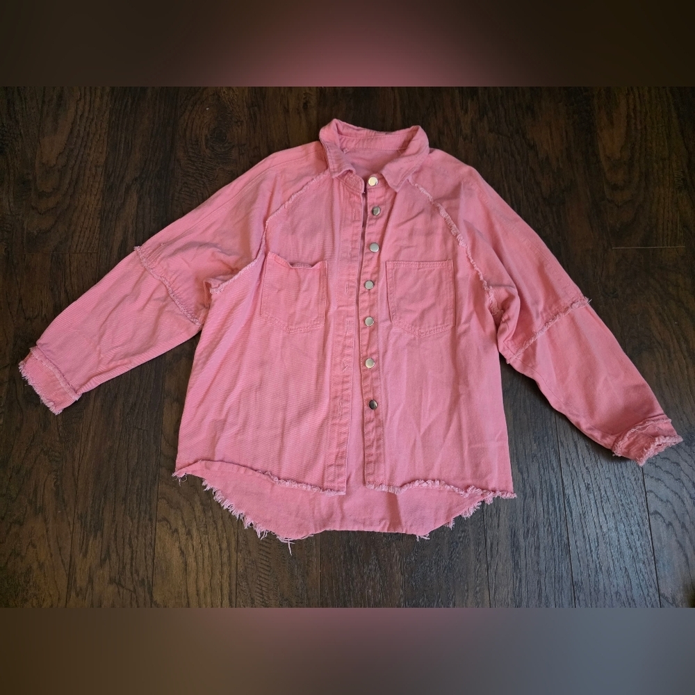 Pink Button-Up Shirt with Frayed Hem - Picture 2 of 3